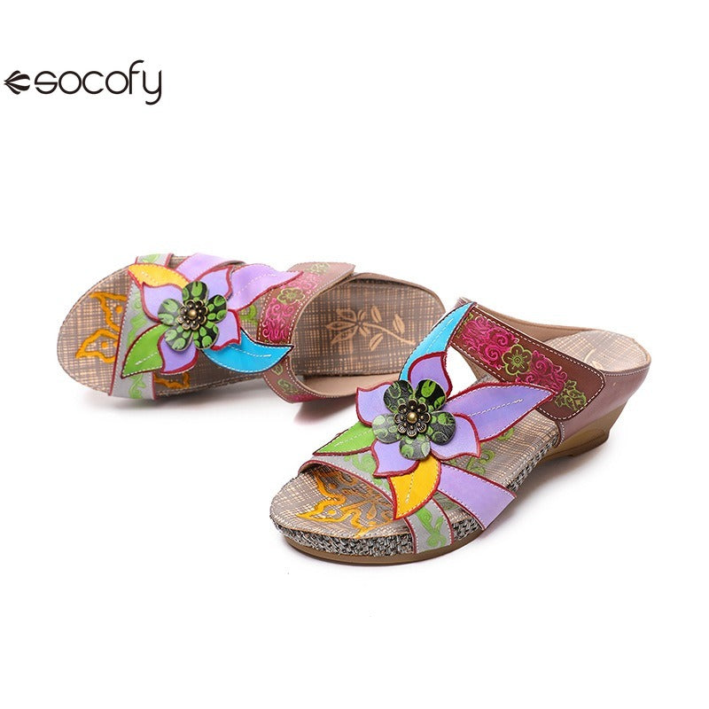 Socofy genuine genuine leather bohemian floral vintage sandals