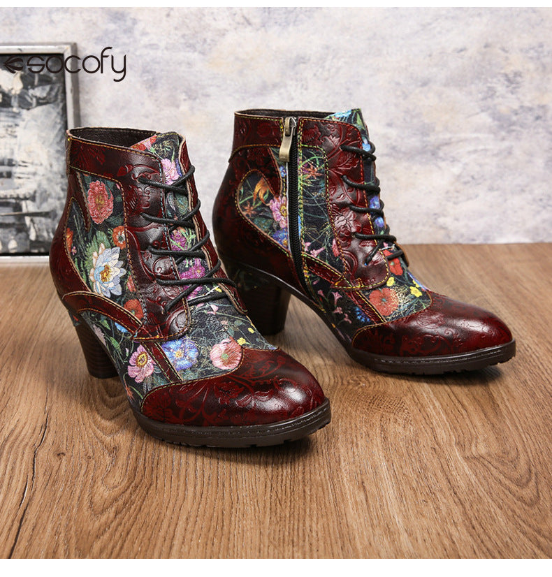 Socofy Vicconfy Vintage Floral Cowhide Ethnic Women's Leather Boots