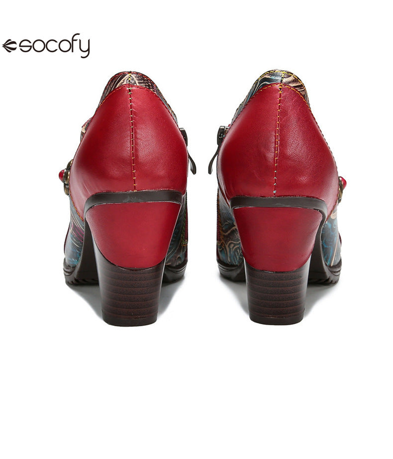 Socofy Vicconfy Genuine Leather Flower Buckle Side Zipper Pumps