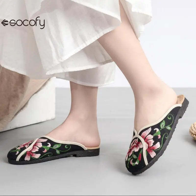 Socofy Spring Summer Outside Embroider Flat Slippers