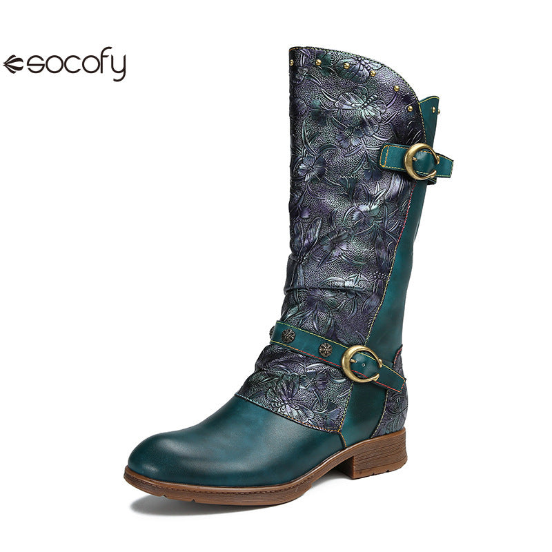 Socofy Vicconfy Side Zipper Vintage Floral Flat Heel Long Boots