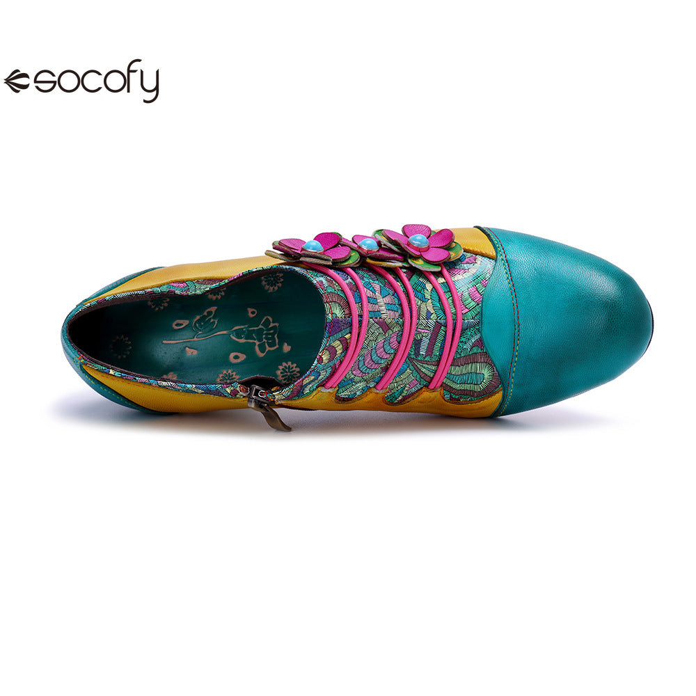 Socofy Leather Genuine Leather Vintage Floral Chunky Heeled Pumps