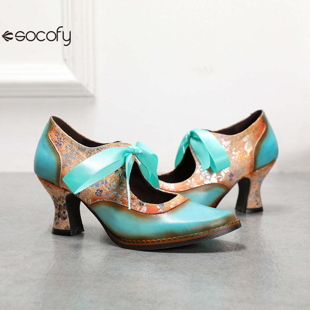 Socofy Summer flower blue ethnic style high-heeled ribbon lace-up women's shoes