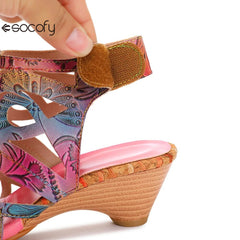 Socofy Colour Retro Genuine Leather Handmade Fashion Concise Ladies Hollow Mid-heeled Sandals