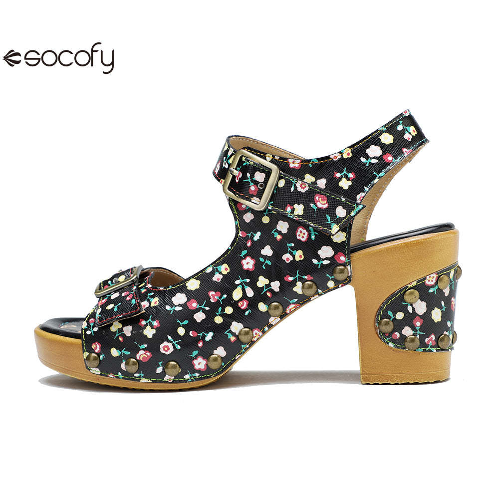 Socofy Leather Vintage Floral American Rustic Heeled Sandals