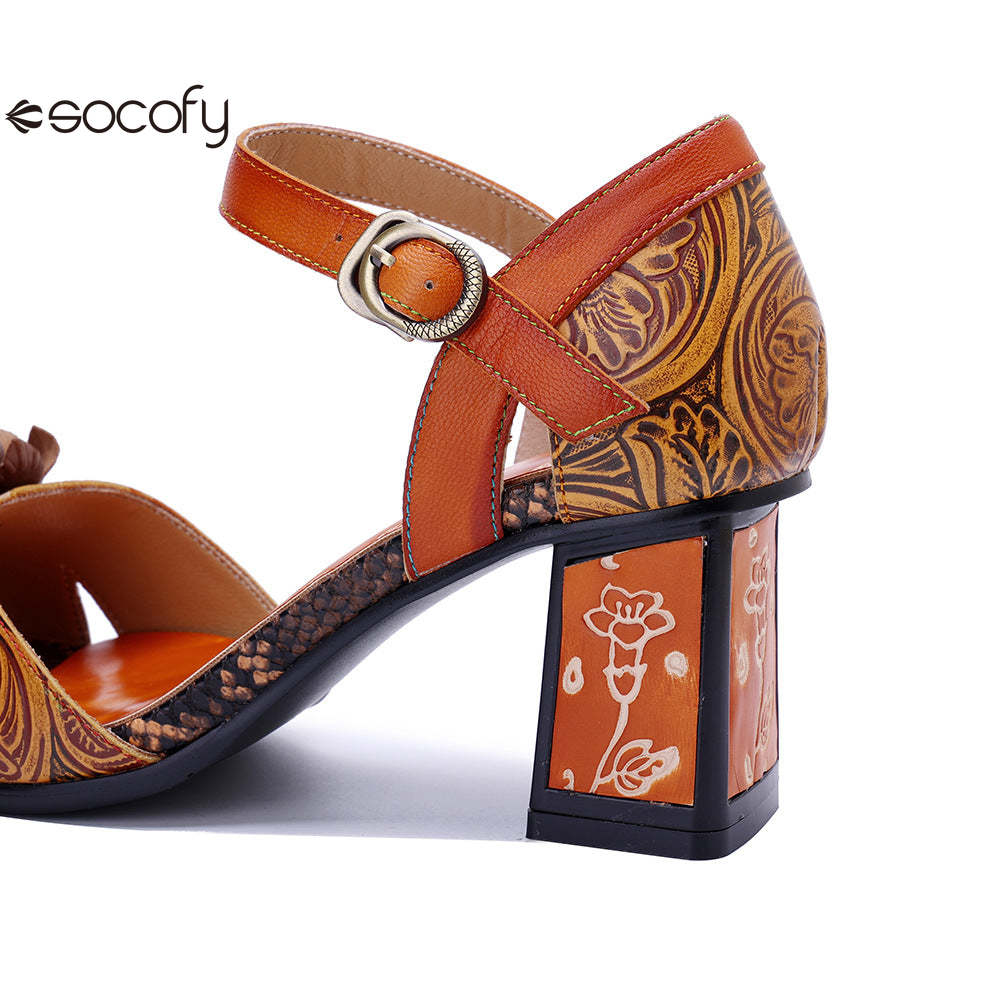 Socofy Vicconfy Handmade Leather Vintage Printed Dimensional Heeled Sandals