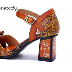 Socofy Vicconfy Handmade Leather Vintage Printed Dimensional Heeled Sandals