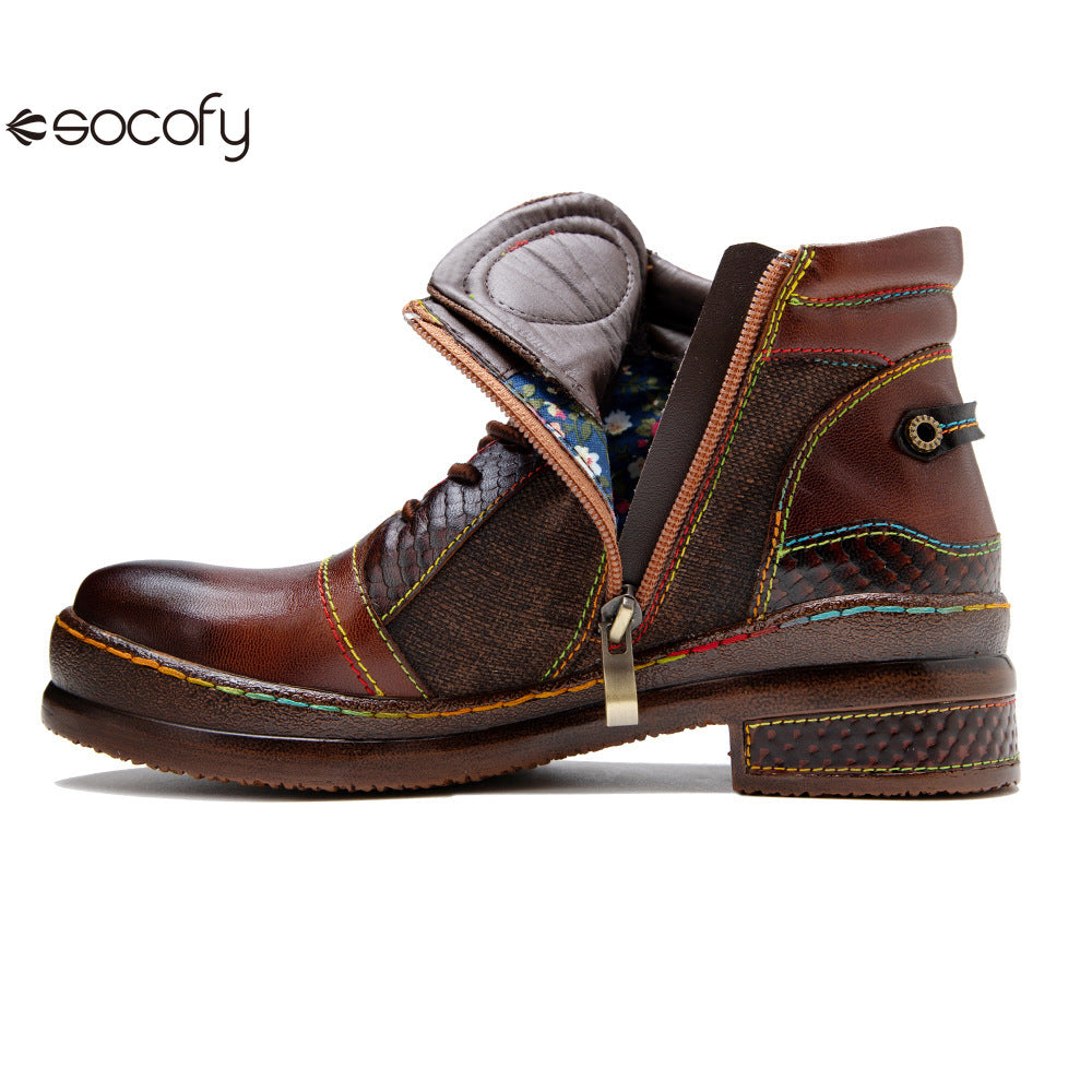 Socofy Vicconfy Genuine leather lace-up vintage biker boots