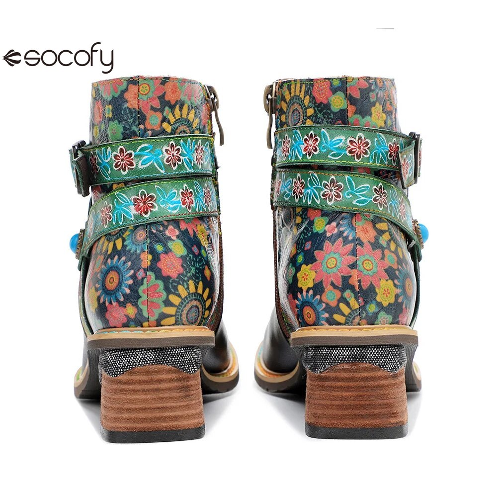 SOCOFY Belt Buckle ZIP Genuine leather Flower Splicing British Style Ankle Boots