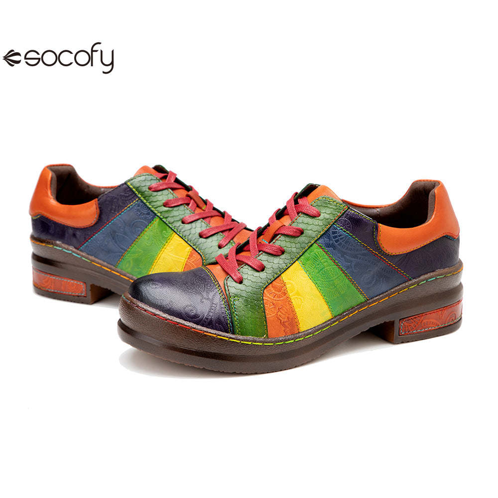 Socofy Colour Patchwork Genuine Leather Women's Flat Shoes