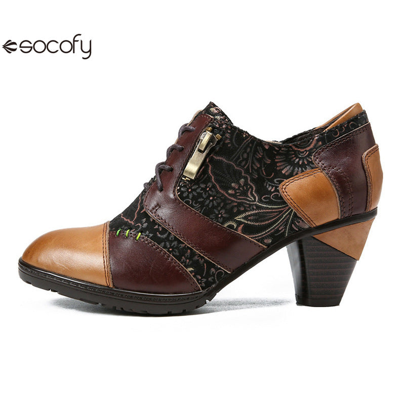 Socofy Vicconfy Genuine leather high heeled three-dimensional flowers drawstring pumps