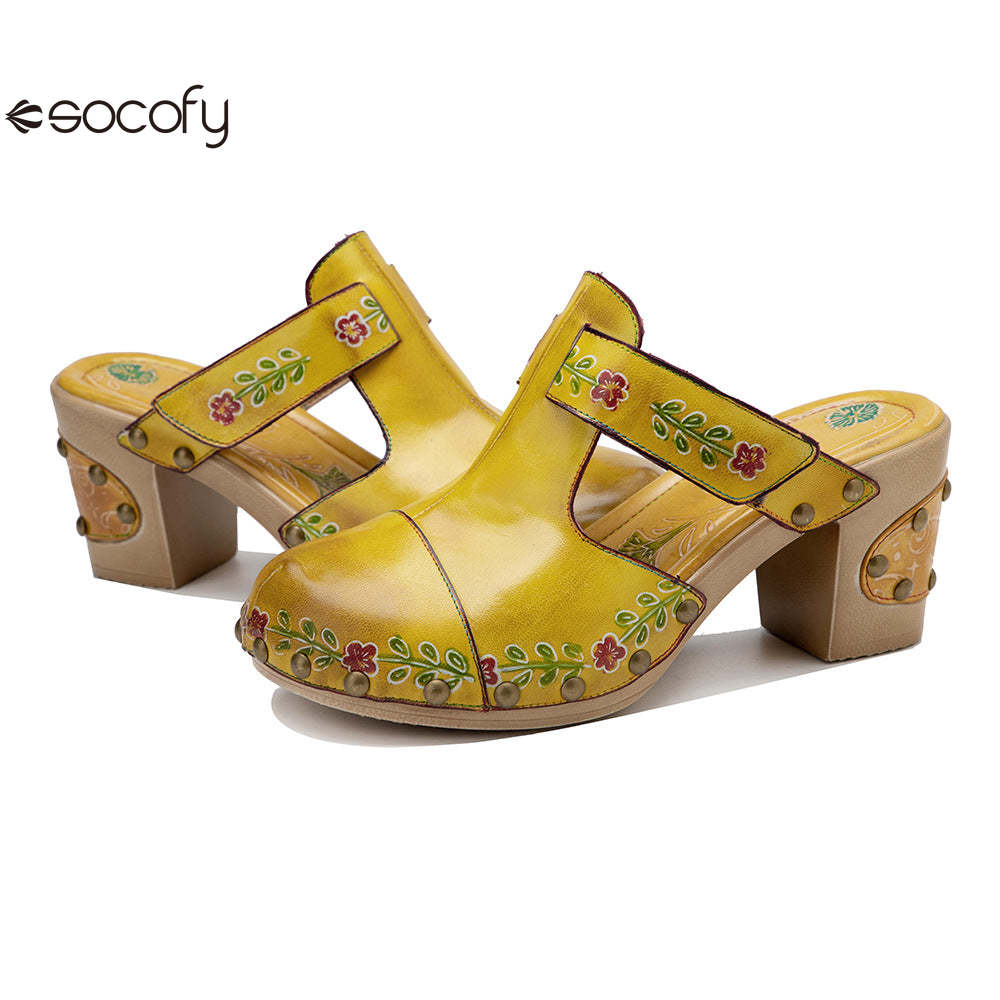 Socofy Spring and summer new spot genuine leather retro floral Baotou comfortable thick heel clogs and sandals