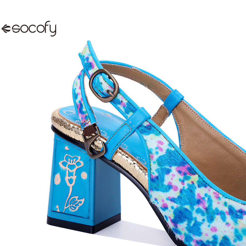 Socofy Handmade Leather Crushed Flower Chunky High Heeled Sandals