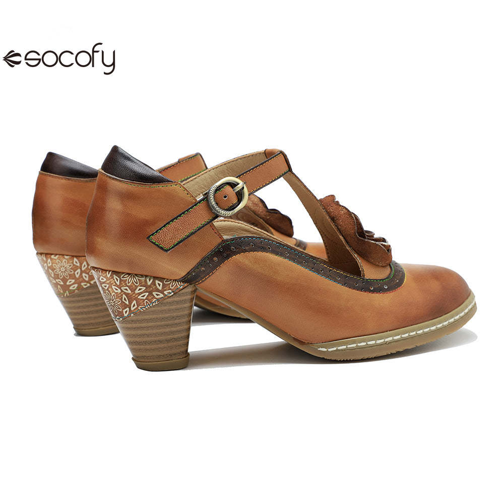 Socofy spring genuine leather retro Mary Jane high-heeled shoes