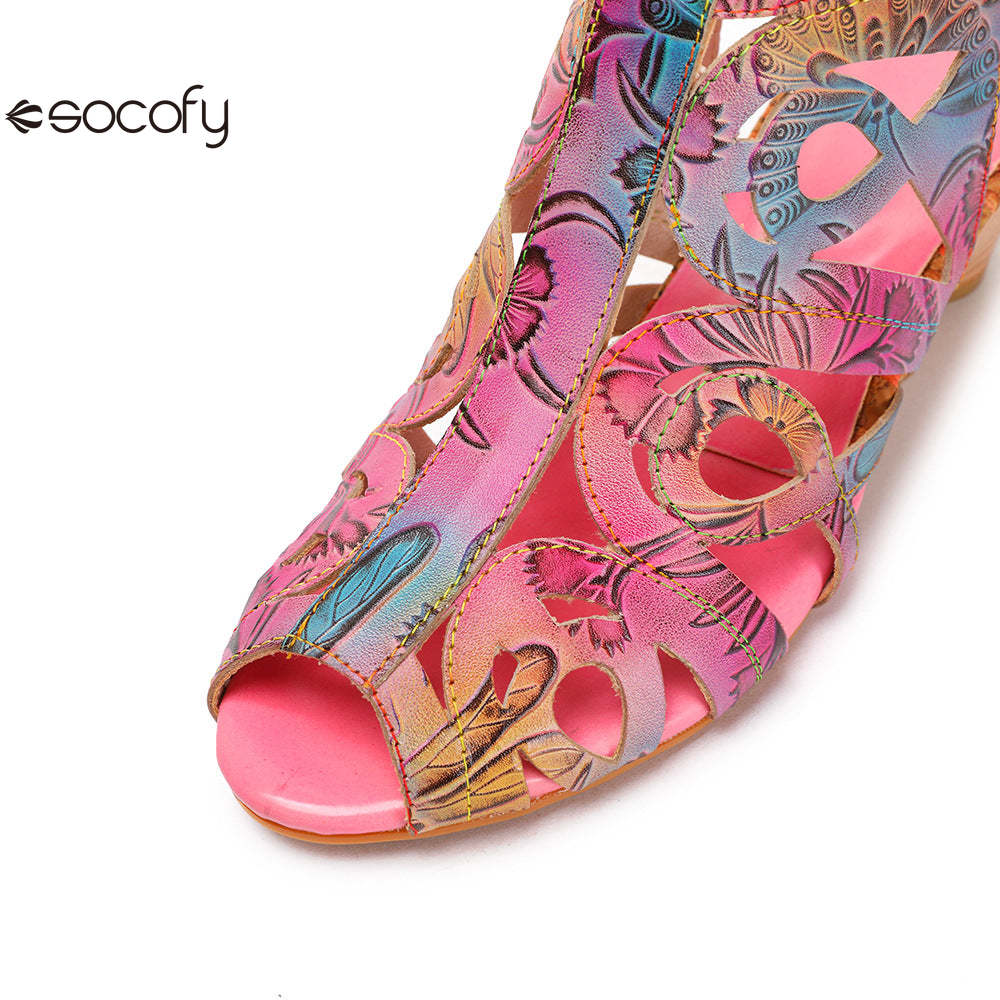 Socofy Summer ethnic style cowhide retro casual fish mouth women's sandals