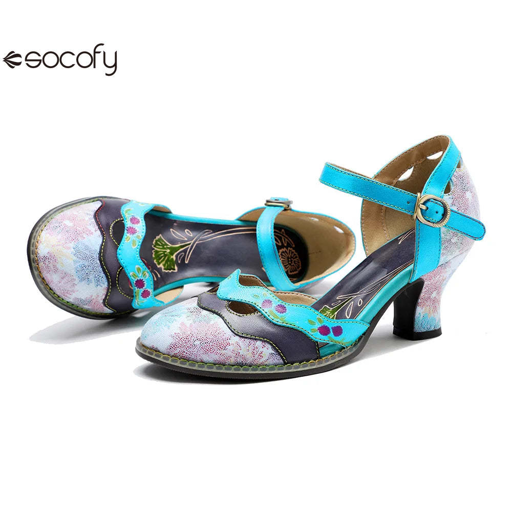 Socofy Spring Summer Mid Heeled Genuine Leather Hand-painted Retro Contrast Round Toe Sandals