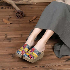 Socofy Genuine Leather National Style Hand-painted Outside Summer Flower Wedges Slides Slippers