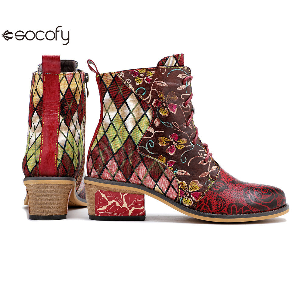 Socofy Vicconfy Genuine Leather Lace Up Cowboy Jacquard Colorblocking Ankle Boots