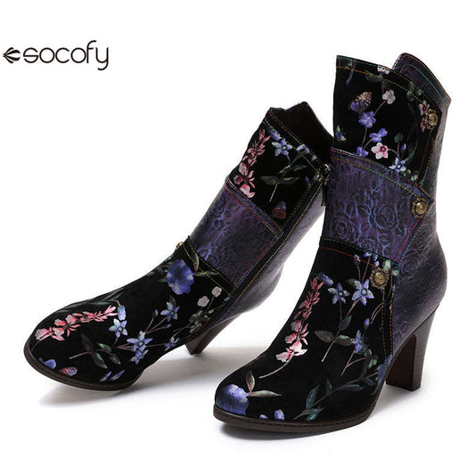 Socofy Vicconfy Court Leather Vintage Handmade High Heel Women's Boots 790