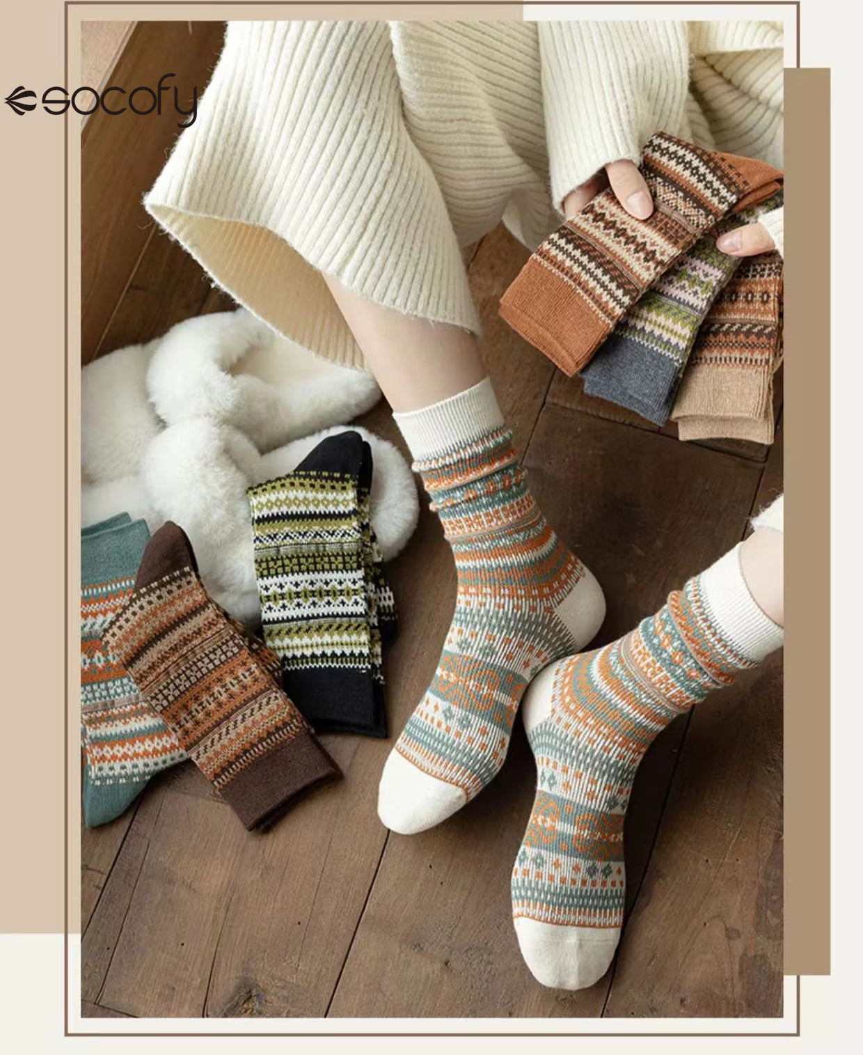 Socofy Vicconfy Mid-calf Socks Vintage Ethnic Striped Cotton Socks