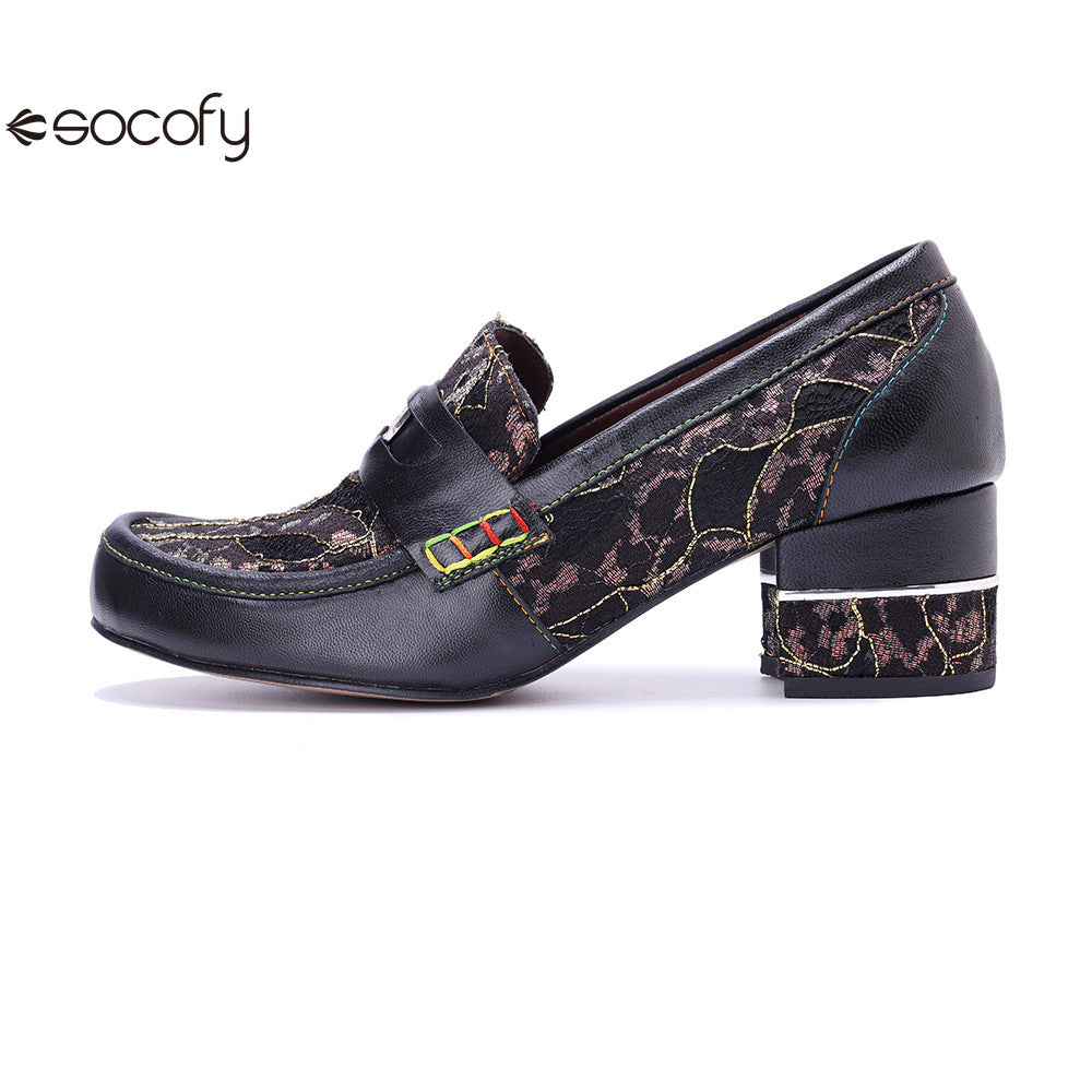 Socofy Leather Patchwork Comfortable Chunky Heeled Loafers Shoes