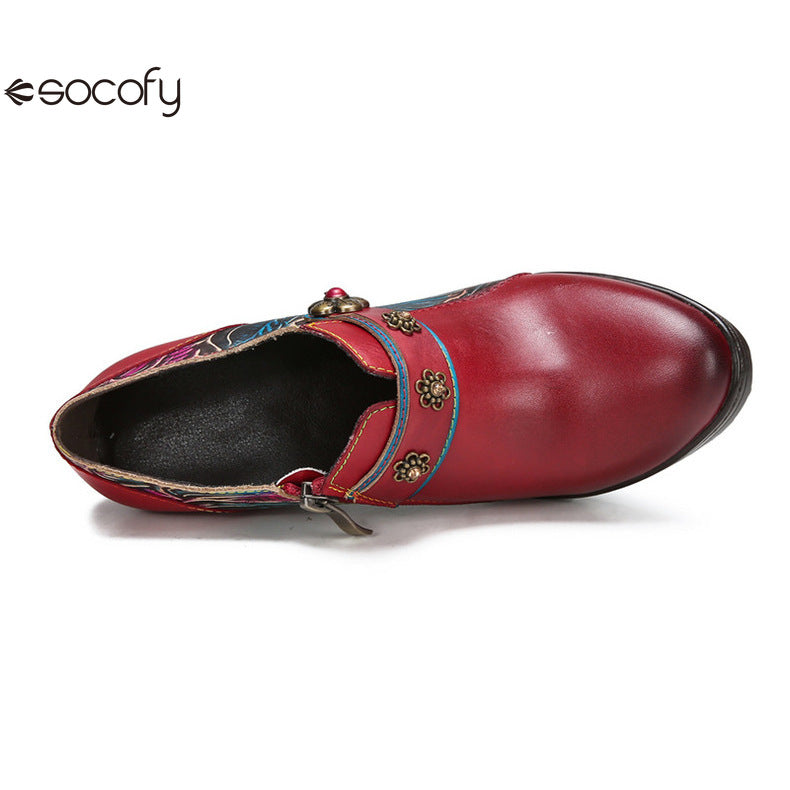 Socofy Vicconfy Genuine Leather Flower Buckle Side Zipper Pumps