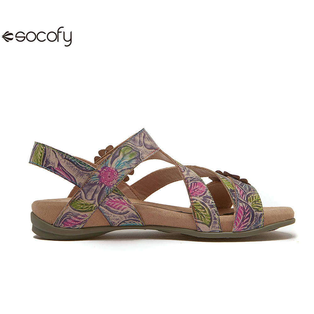 Socofy Bohemian retro first-layer cowhide flower-embellished women's sandals