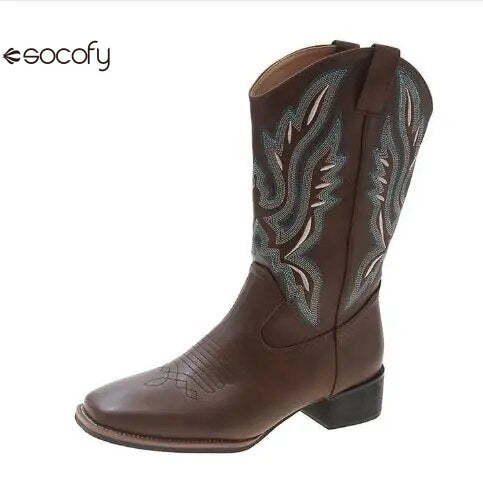 SOCOFY Chunky Western Cowboy Boots