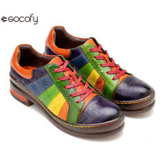 Socofy Colour Patchwork Genuine Leather Women's Flat Shoes