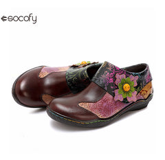 Socofy Vicconfy Ethnic Flower Leather Handmade Flat Shoes Low Heeled Single Shoes