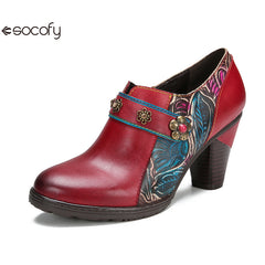 Socofy Vicconfy Genuine Leather Flower Buckle Side Zipper Pumps