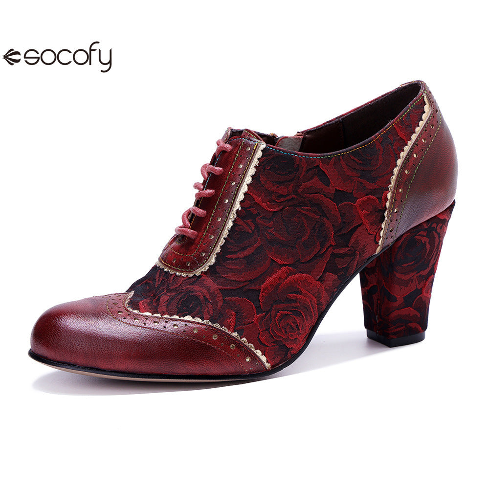 Socofy Genuine Leather Women's Leather Rivets Vintage French Court Style Elegant High Heels