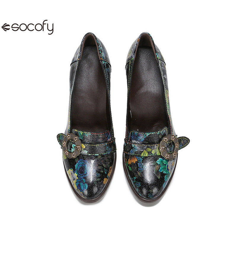 Socofy Vicconfy Round Toe Cowhide Leather Fashion Single Shoes Vintage Flower Heels Women's Shoes