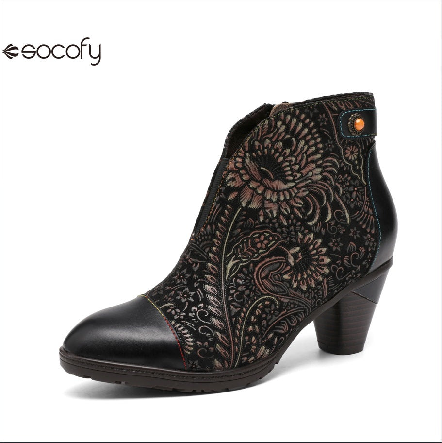 Socofy Vicconfy Vintage Floral Handmade Heeled Ankle Boots