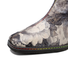 Socofy Vicconfy Genuine Leather Vintage Painted Landscape Printed Belt Buckle Tall Women's Boots