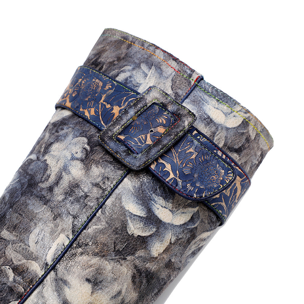 Socofy Vicconfy Genuine Leather Vintage Painted Landscape Printed Belt Buckle Tall Women's Boots