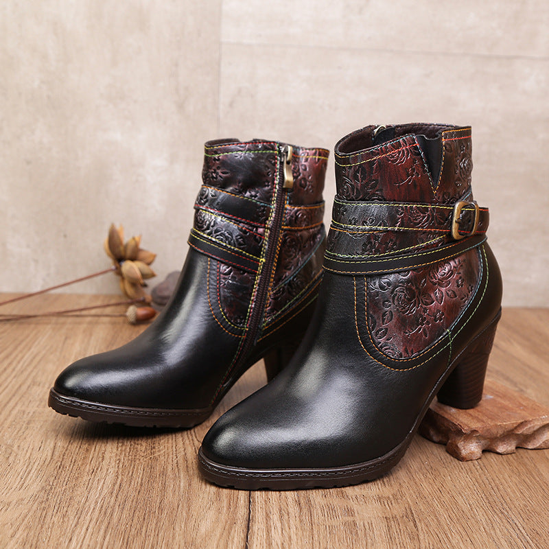 Socofy Vicconfy Genuine Leather Embossed Buckle Vintage Ankle Boots