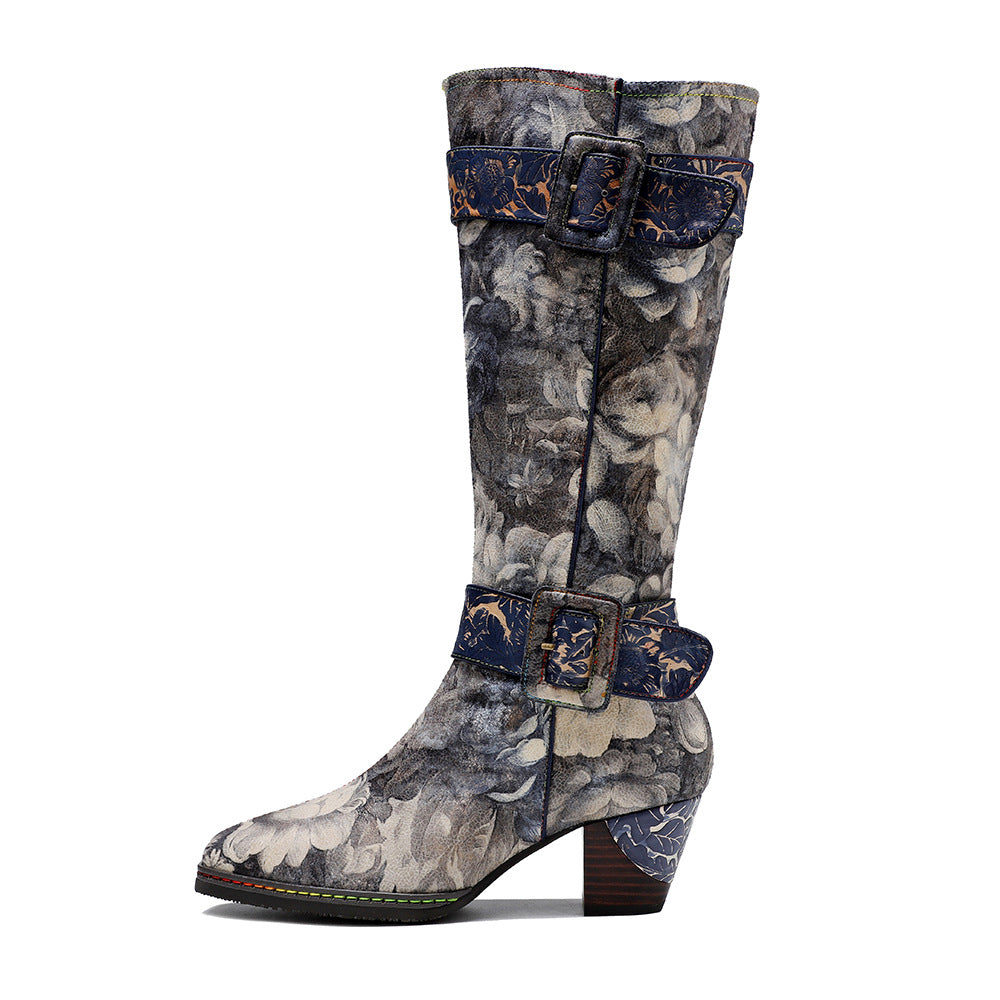 Socofy Vicconfy Genuine Leather Vintage Painted Landscape Printed Belt Buckle Tall Women's Boots