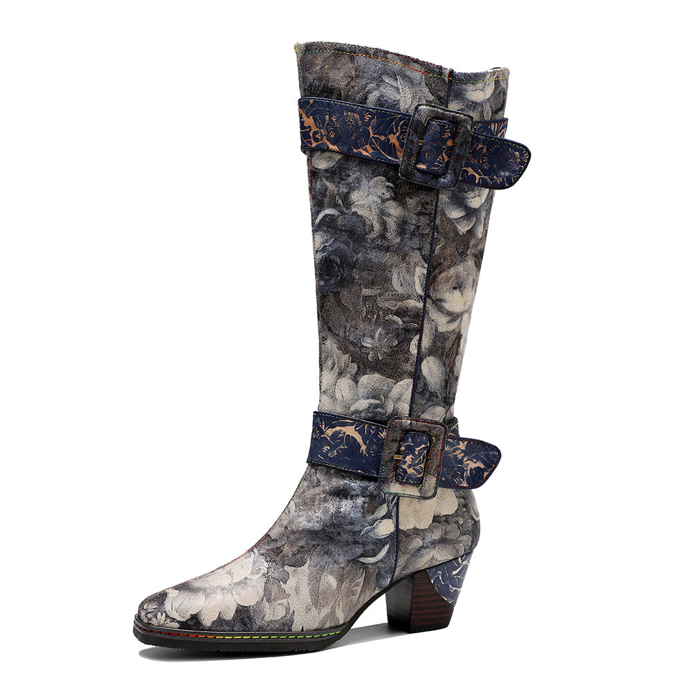 Socofy Vicconfy Genuine Leather Vintage Painted Landscape Printed Belt Buckle Tall Women's Boots