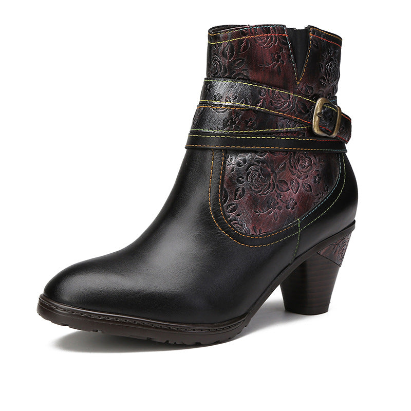 Socofy Vicconfy Genuine Leather Embossed Buckle Vintage Ankle Boots