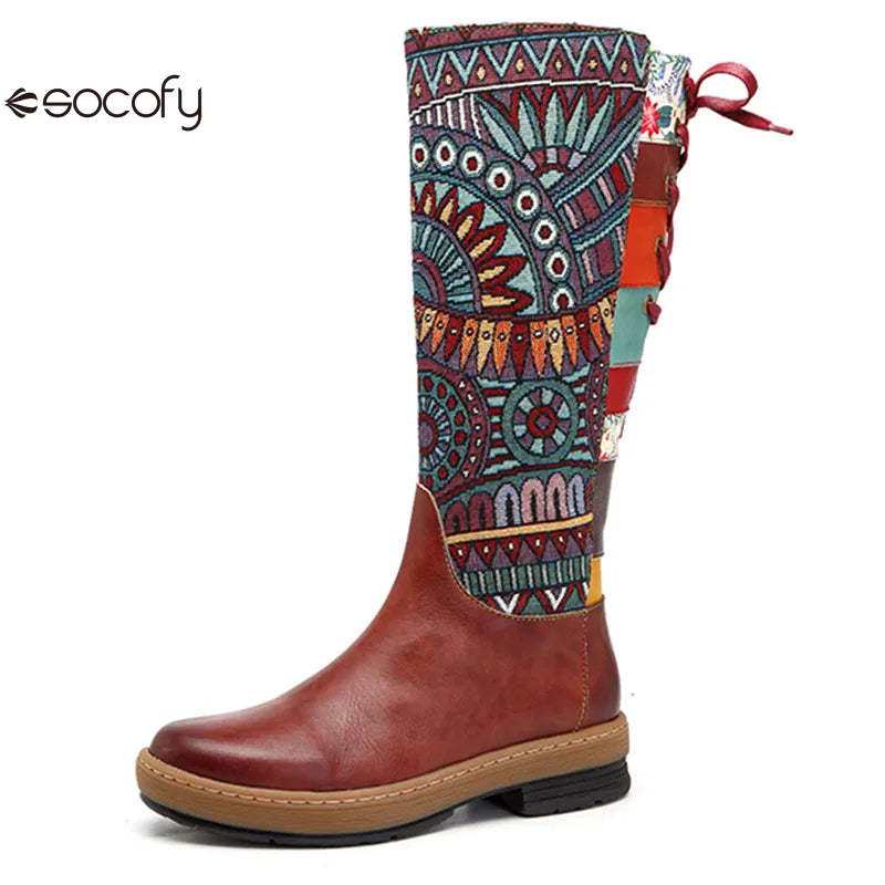 Socofy Vinatge Handmade Knee High Boots For Women Genuine Leather Shoes Women