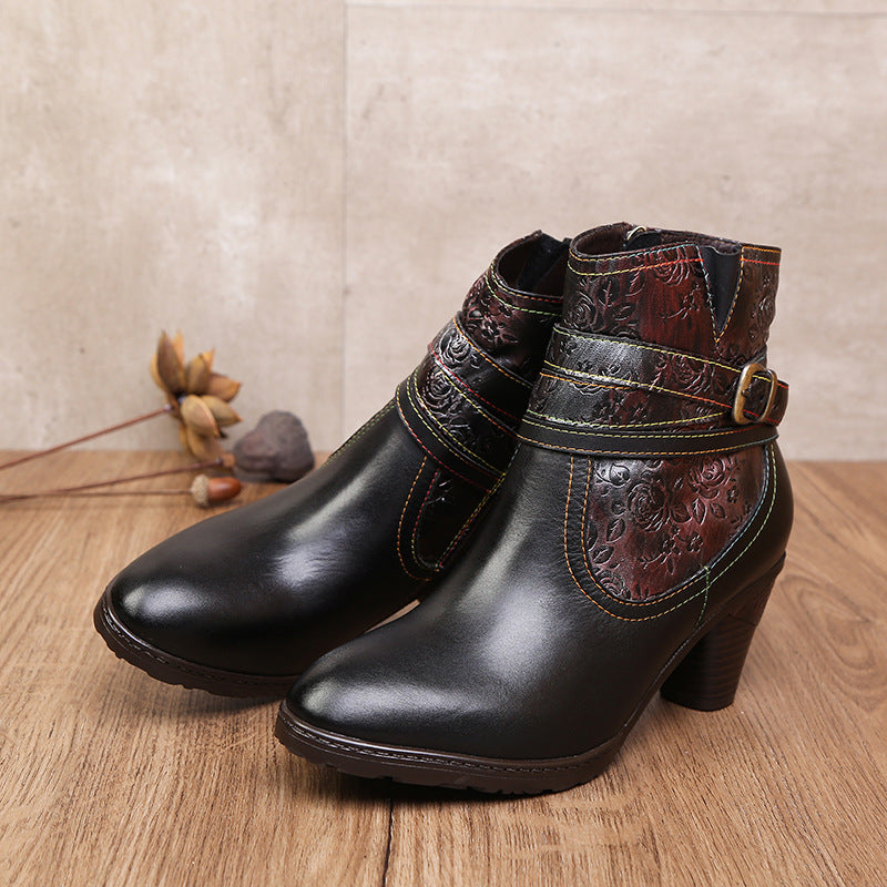 Socofy Vicconfy Genuine Leather Embossed Buckle Vintage Ankle Boots