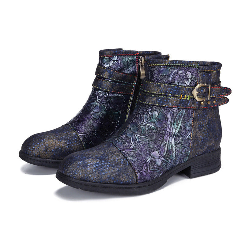 Socofy Vicconfy Embossed Hand Painted Flat Ankle Boots