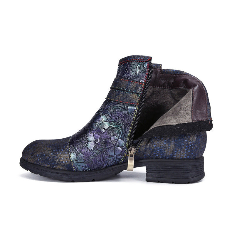 Socofy Vicconfy Embossed Hand Painted Flat Ankle Boots