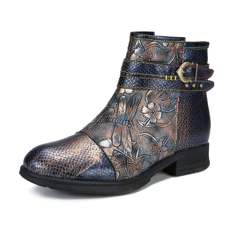 Socofy Vicconfy Embossed Hand Painted Flat Ankle Boots