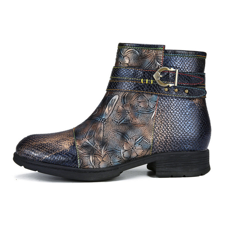 Socofy Vicconfy Embossed Hand Painted Flat Ankle Boots