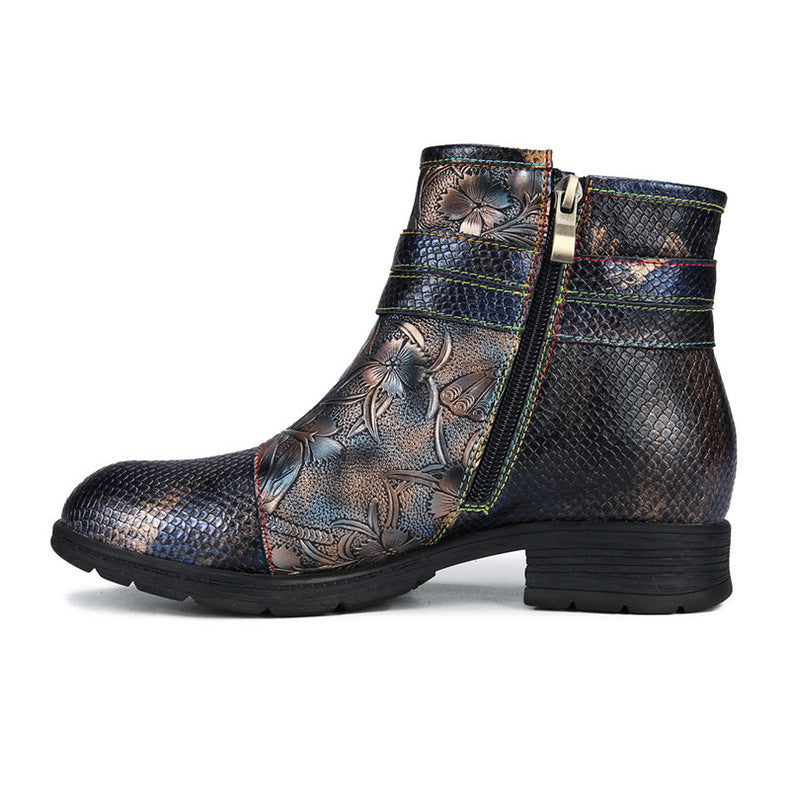 Socofy Vicconfy Embossed Hand Painted Flat Ankle Boots