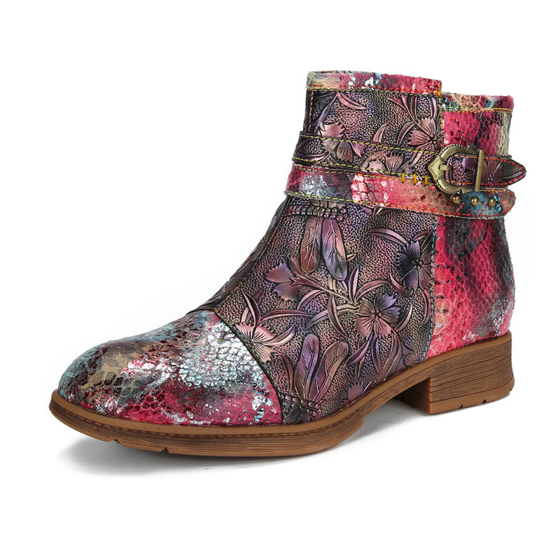 Socofy Vicconfy Embossed Hand Painted Flat Ankle Boots