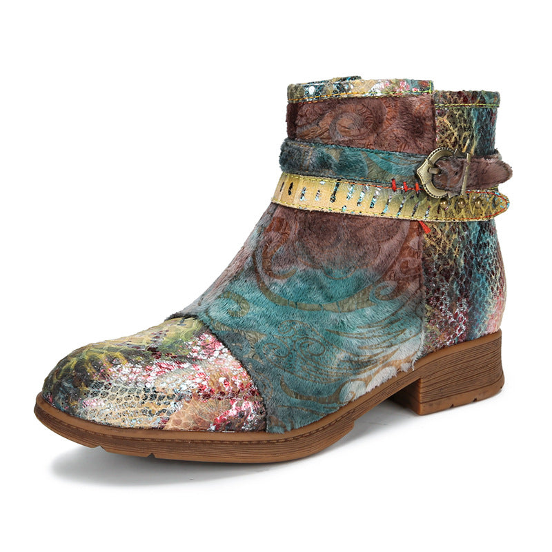 Socofy Vicconfy Embossed Hand Painted Flat Ankle Boots