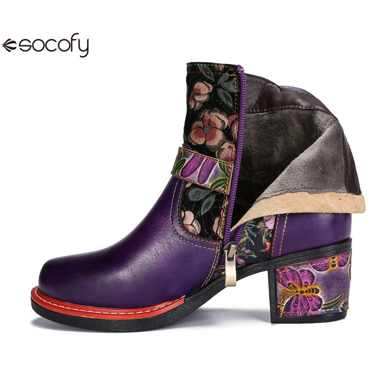 Socofy Vicconfy Genuine Leather Cubic Embossed Romantic Vintage Floral Heeled Ankle Boots